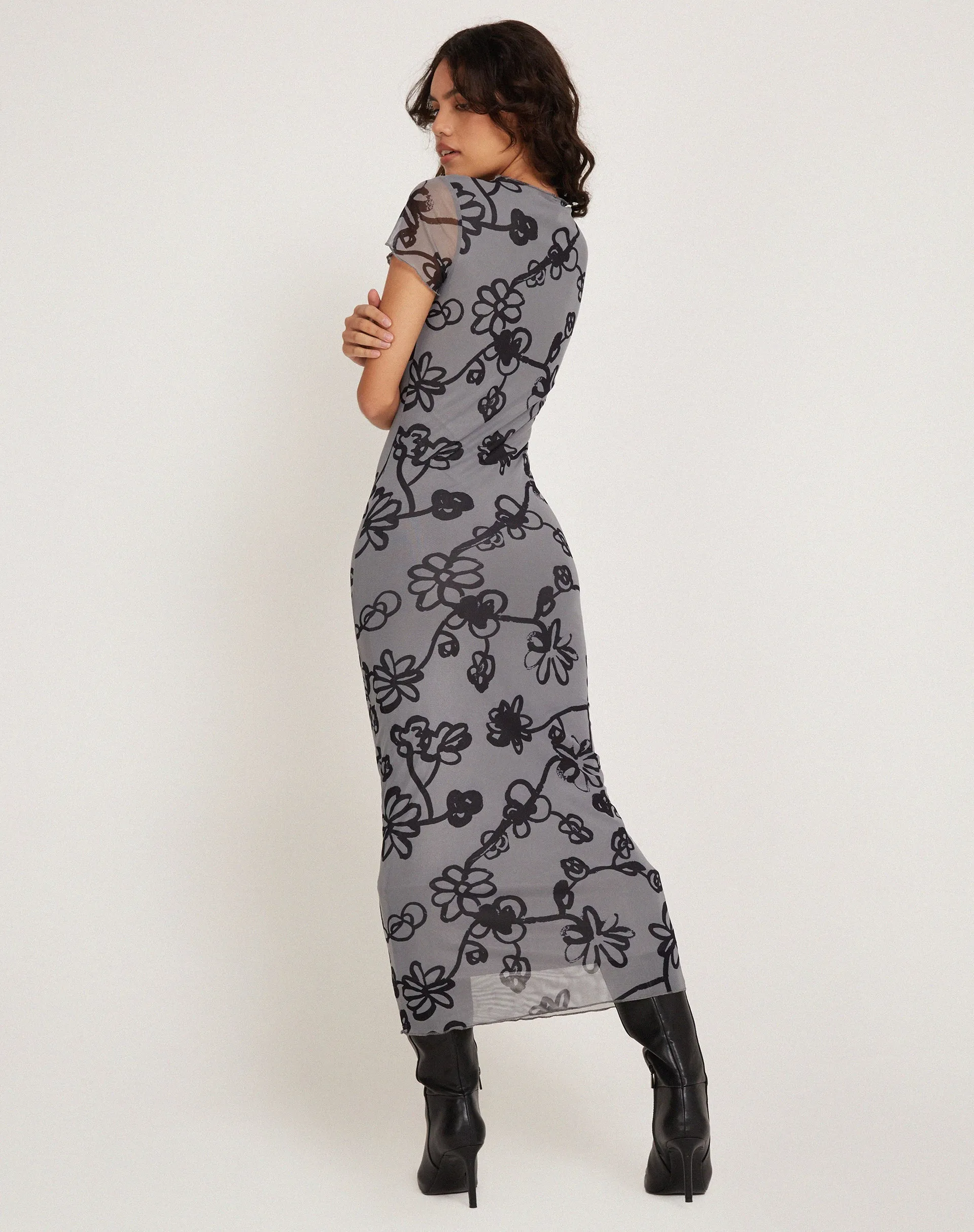 Maruza Midi Dress in Mesh Doodle Flower Grey