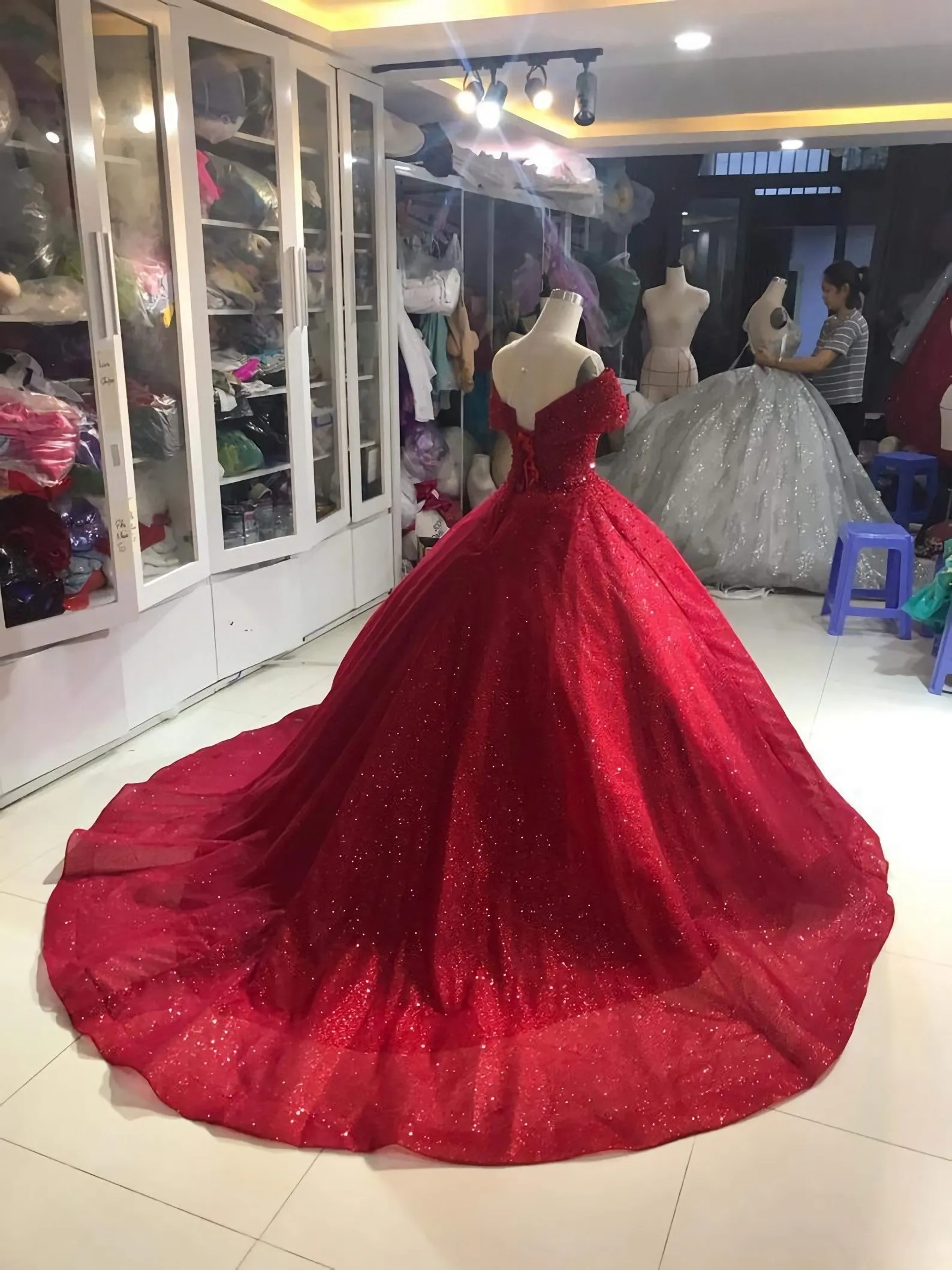 Off Shoulder Dress, Off Shoulder Red Dress, Red Glitter Fabric Red Ballgown Dress, Prom Dress