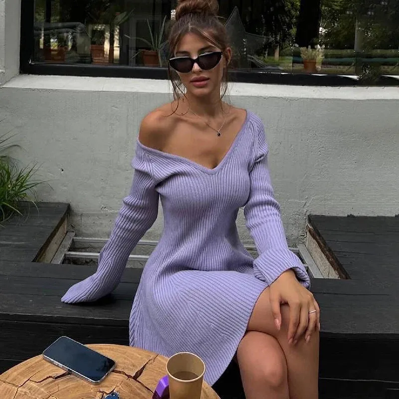 Off-Shoulder Ribbed Mini Sweater Dress