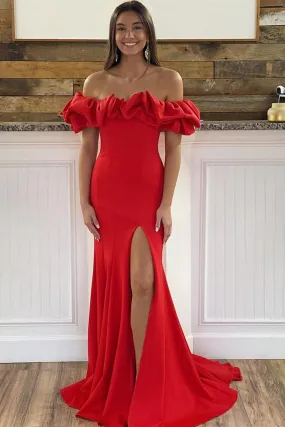 Off the Shoulder Red Prom Dresses, Red Off Shoulder Long Formal Graduation Dresses