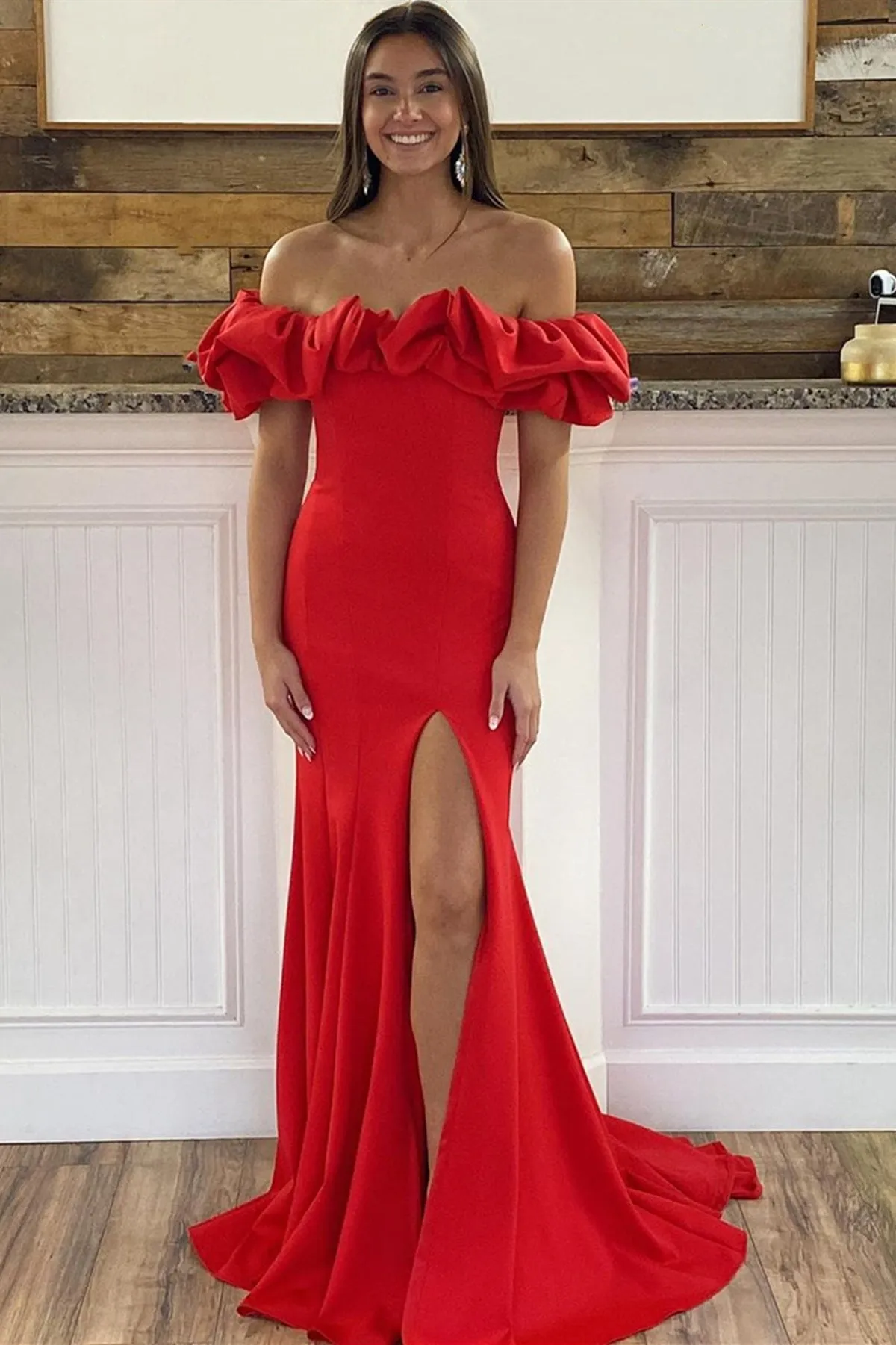 Off the Shoulder Red Prom Dresses, Red Off Shoulder Long Formal Graduation Dresses