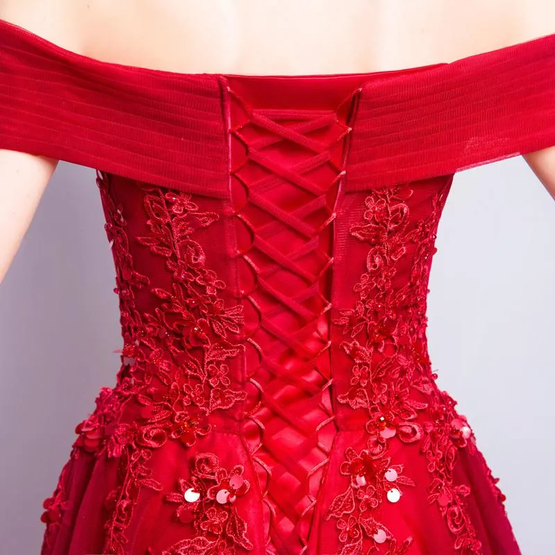 Off the Shoulder Sequin Applique Charming Prom Dresses, Red Beaded A-Line Prom Dresses, 220010