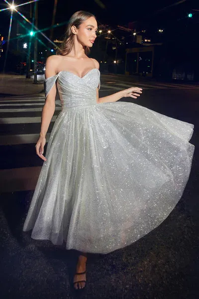 Off White Off The Shoulder Glitter Tea Length Dress