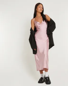 Palasha Midi Dress in Satin Dusky Pink