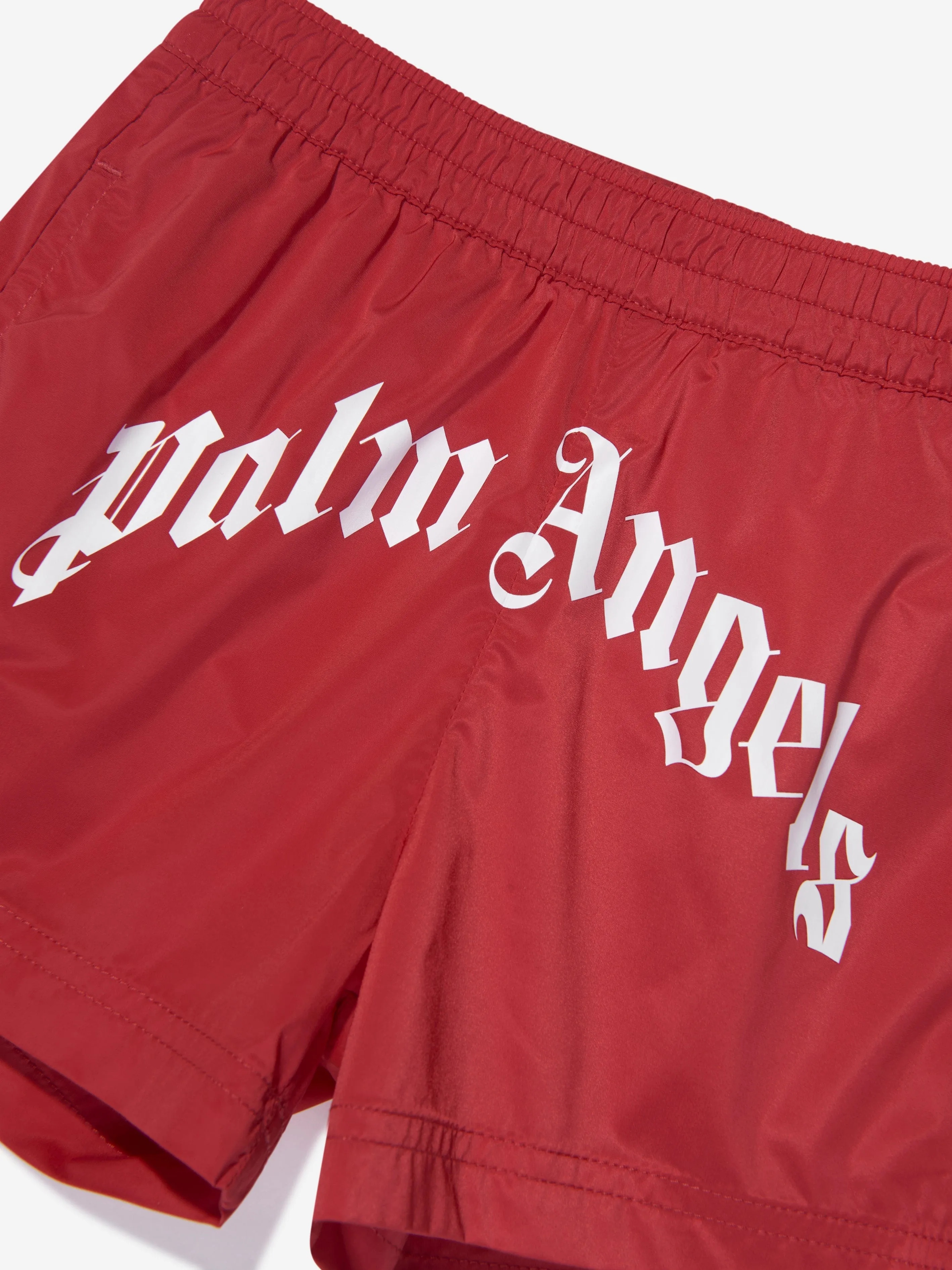 Palm Angels Boys Curved Logo Swim Shorts in Red