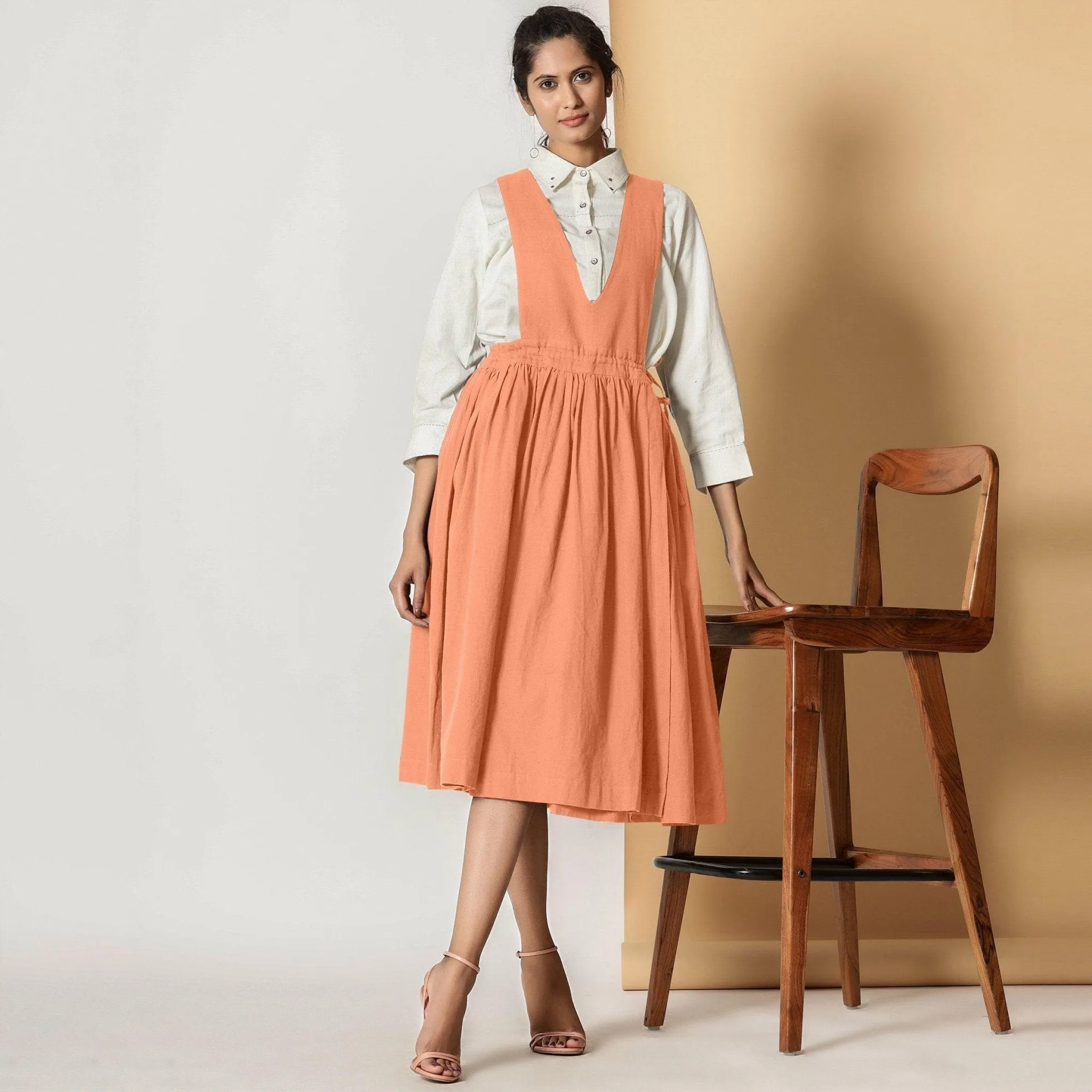 Peach Cotton Flax Pinafore Midi Wrap Dress