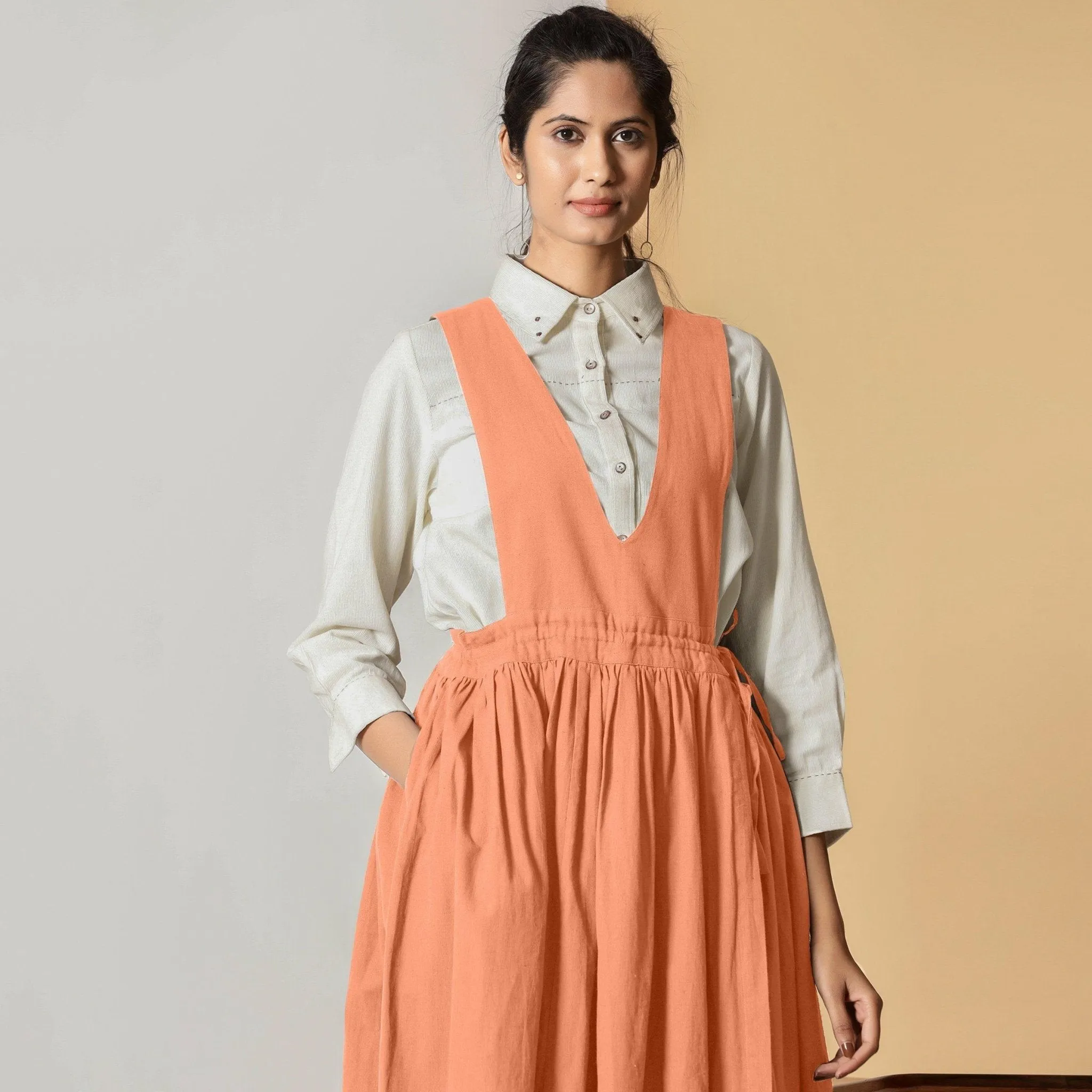 Peach Cotton Flax Pinafore Midi Wrap Dress