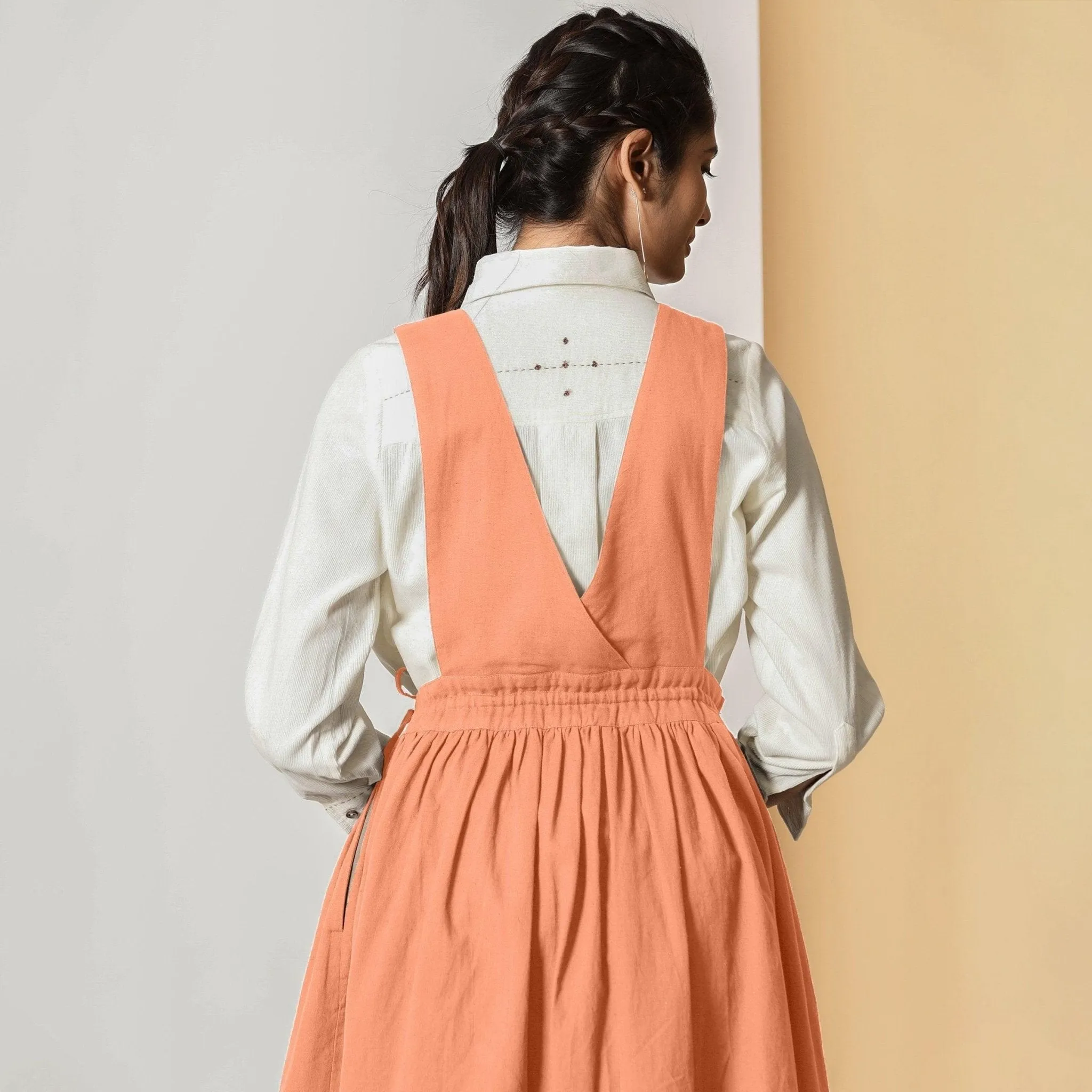 Peach Cotton Flax Pinafore Midi Wrap Dress