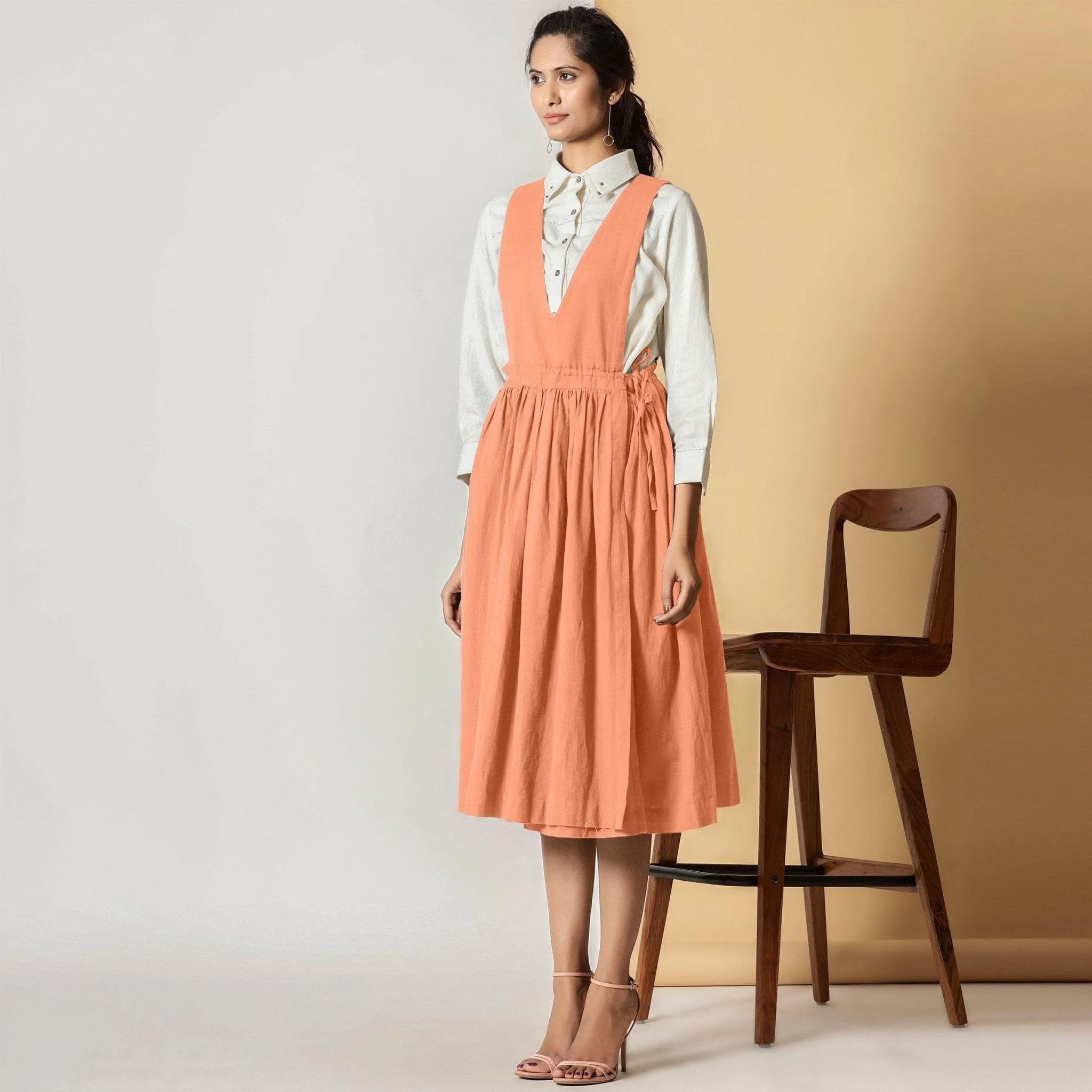 Peach Cotton Flax Pinafore Midi Wrap Dress