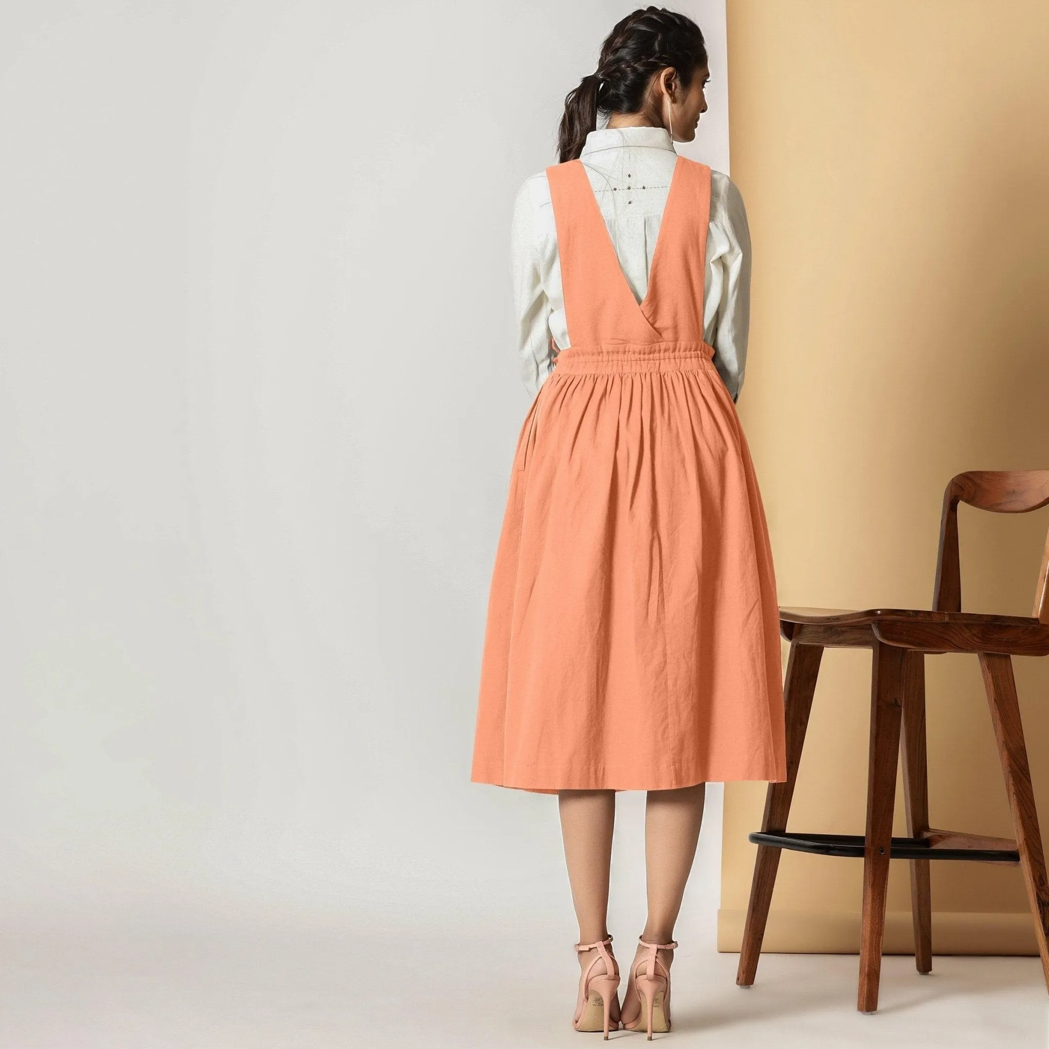 Peach Cotton Flax Pinafore Midi Wrap Dress