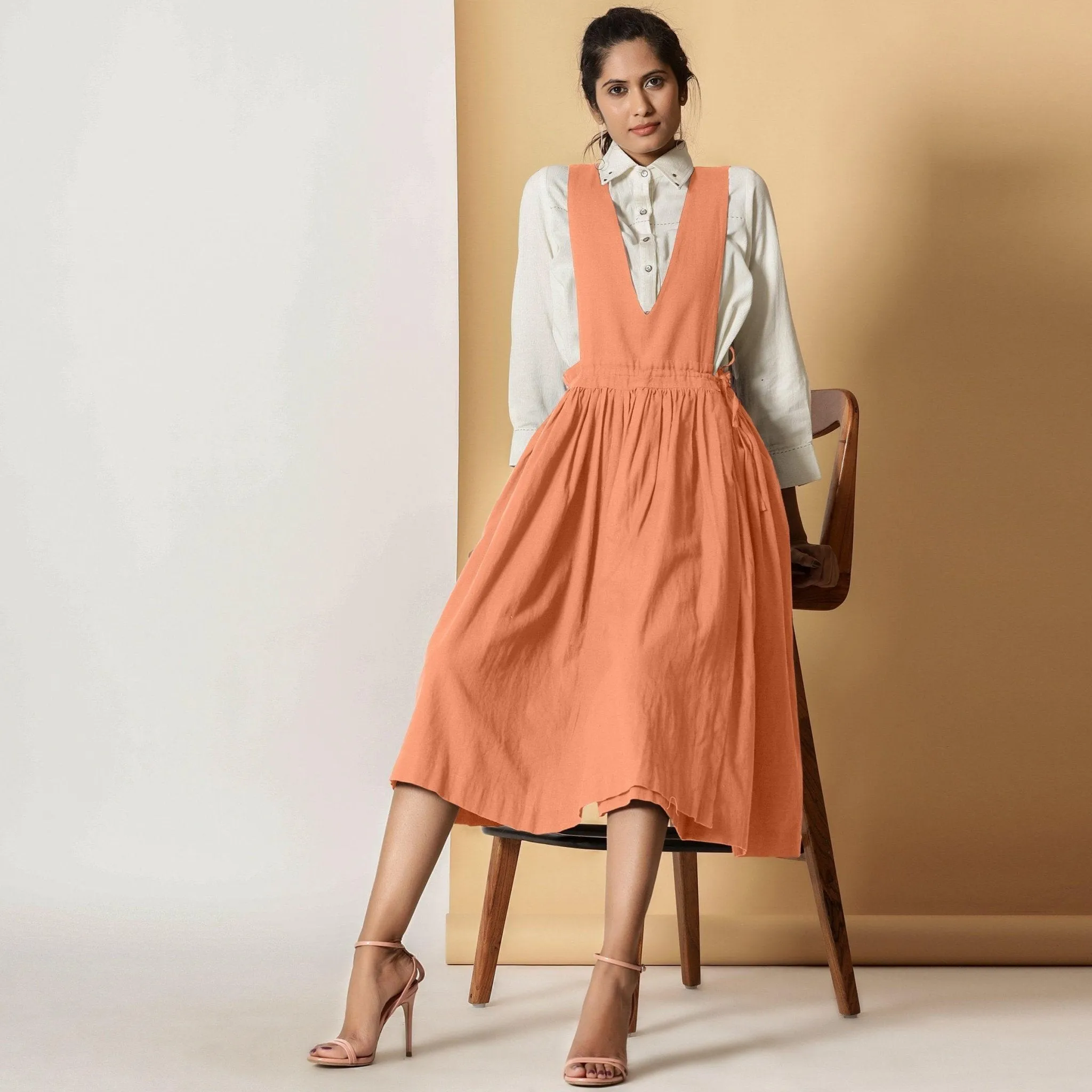 Peach Cotton Flax Pinafore Midi Wrap Dress