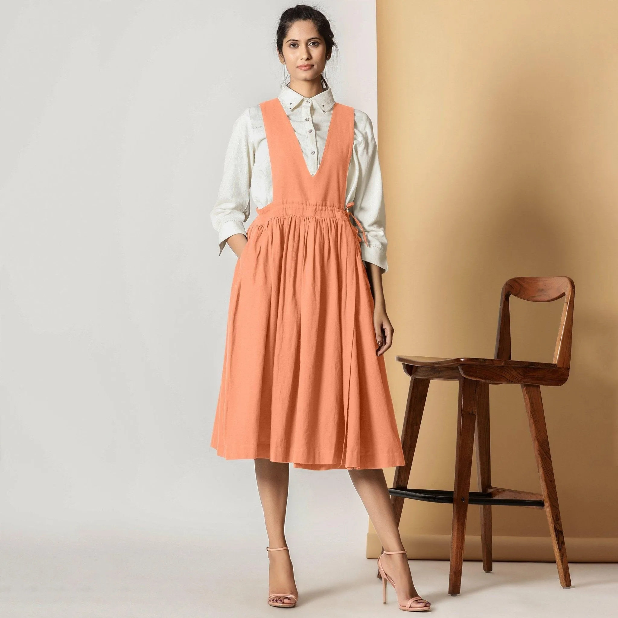 Peach Cotton Flax Pinafore Midi Wrap Dress