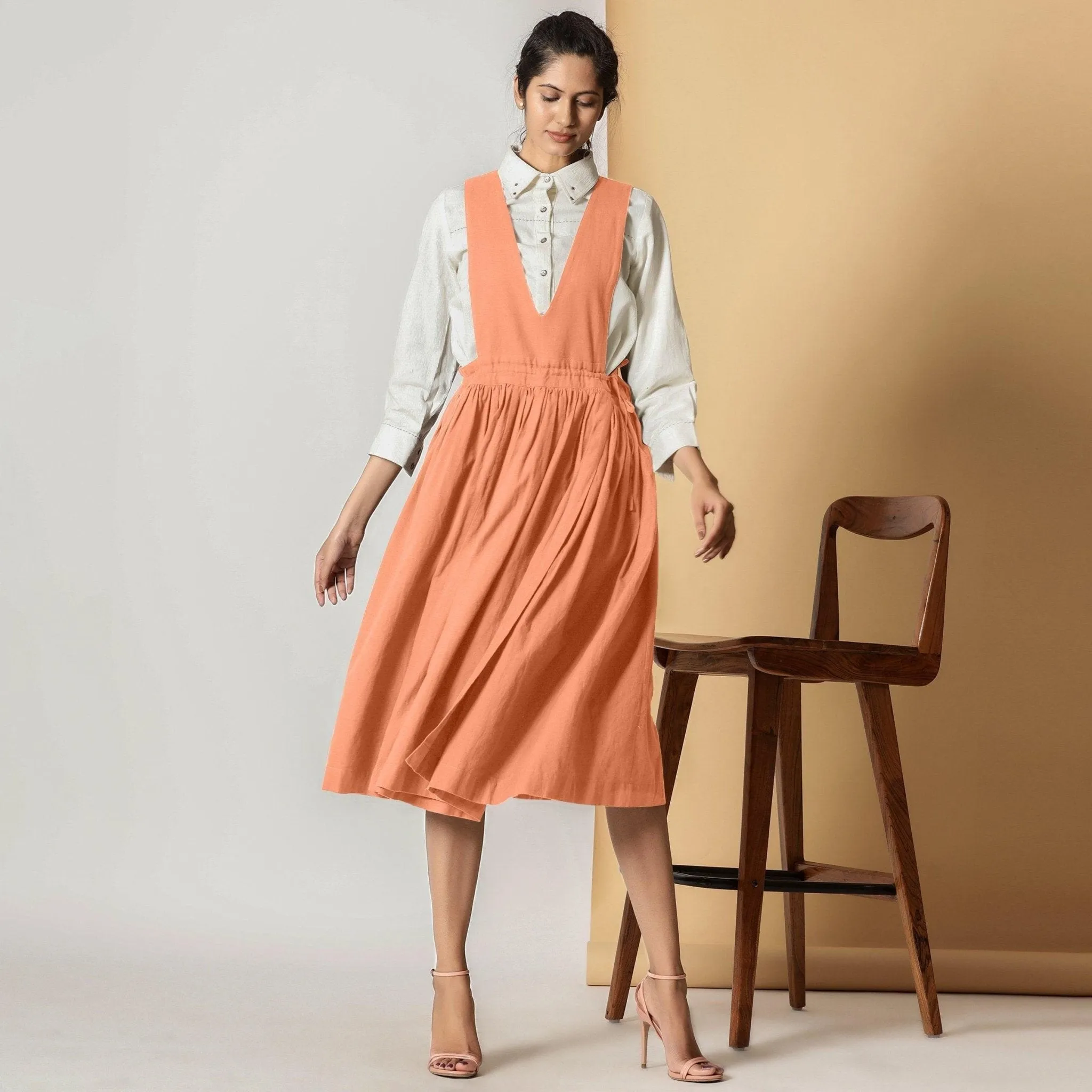 Peach Cotton Flax Pinafore Midi Wrap Dress