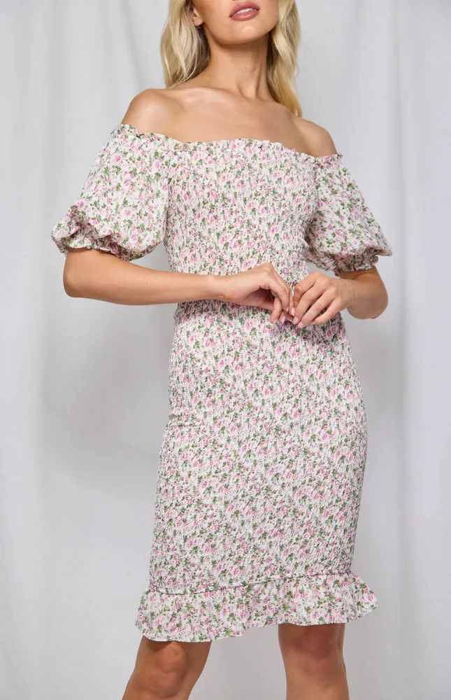 Printed Off The Shoulder Shirred Midi Dress