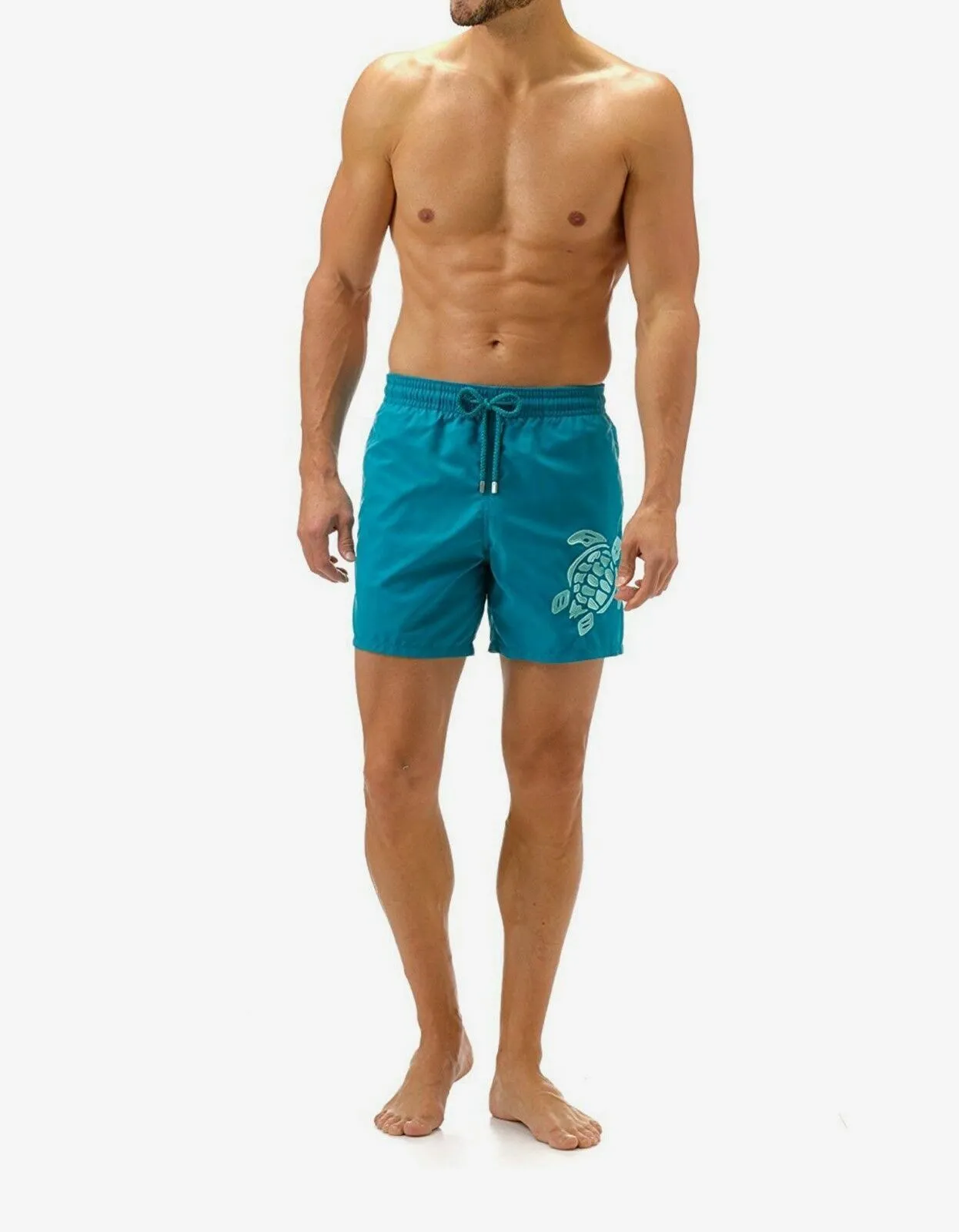 Prussian Blue Turtle Embroidery Motu Swim Shorts