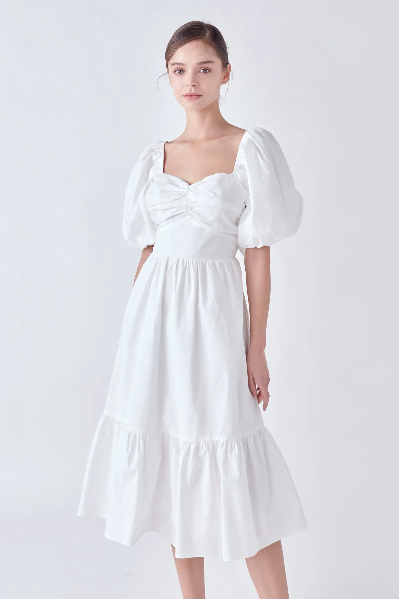 Puff Sleeve Back Bow Midi Dress