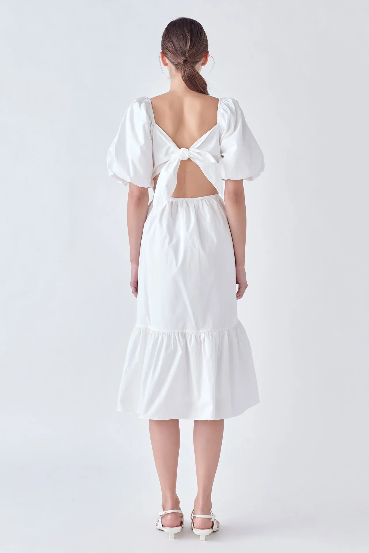 Puff Sleeve Back Bow Midi Dress