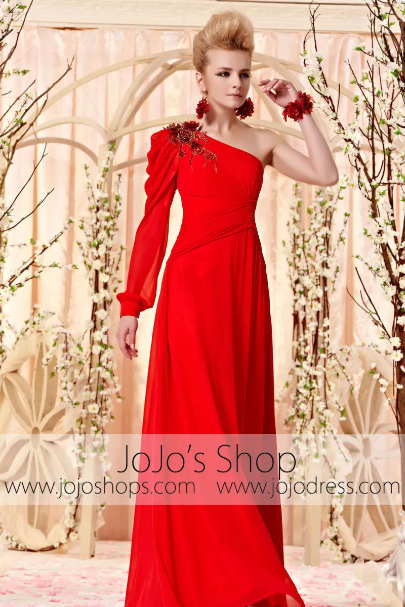 Red Long Sleeve One Shoulder Evening Dress CX830359