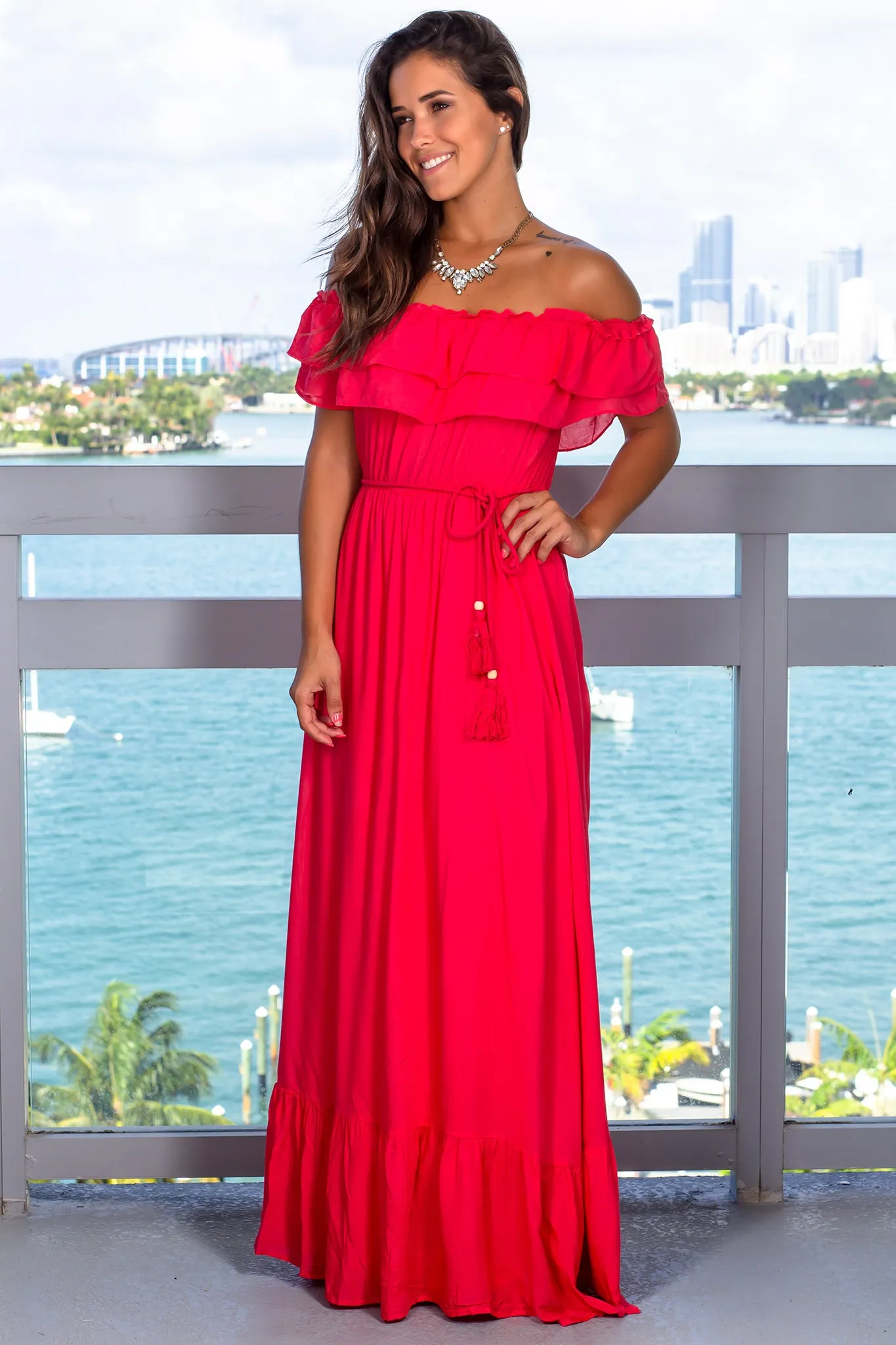 Red Off Shoulder Maxi Dress