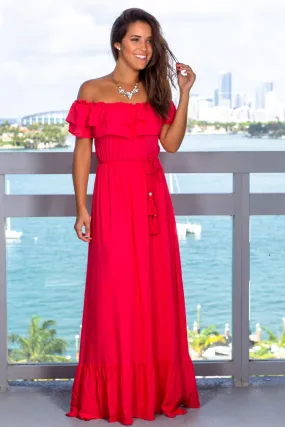 Red Off Shoulder Maxi Dress