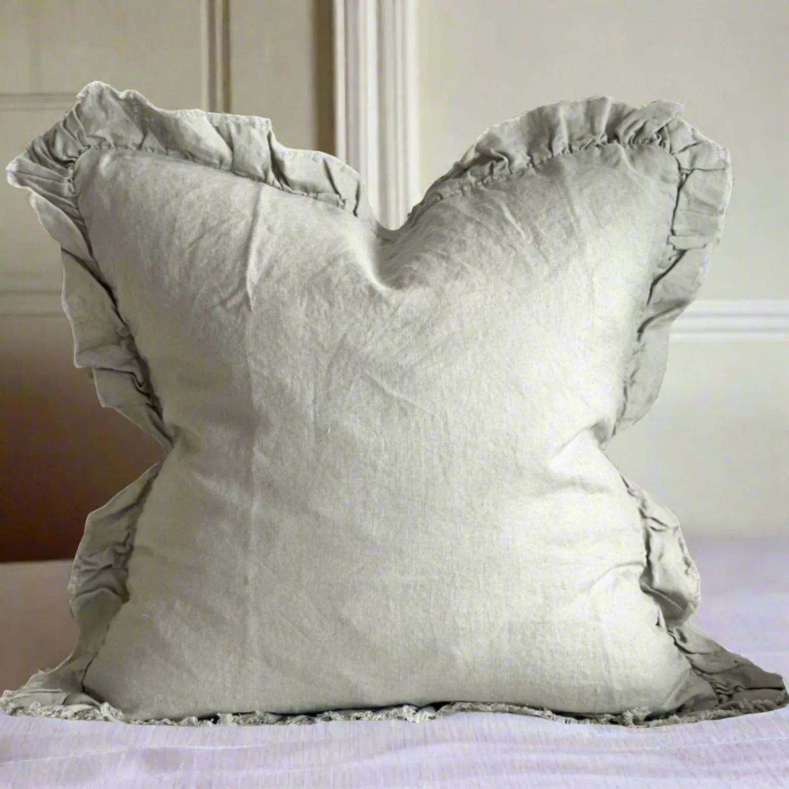 Ruffled Edge Sage Green Linen Cushion Cover 45 x45cm