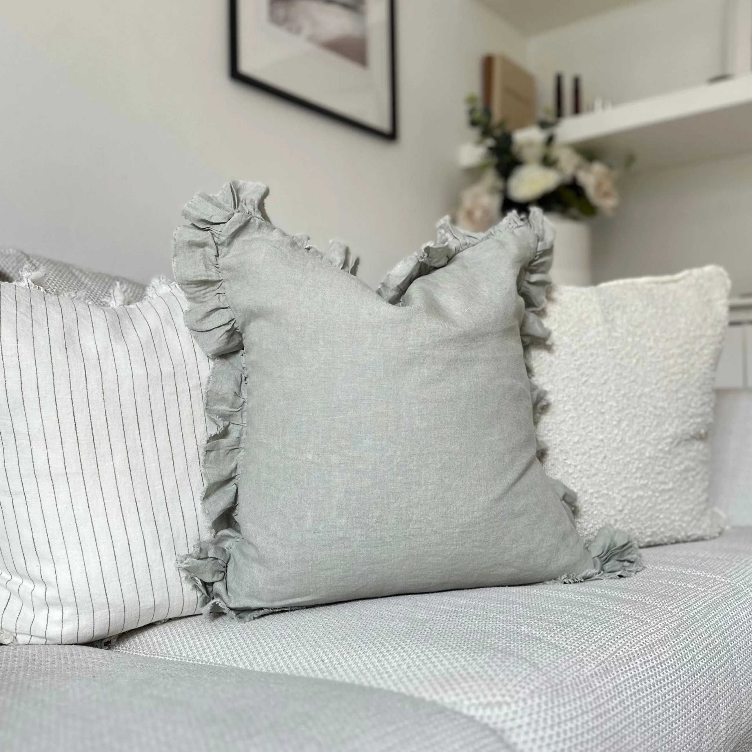 Ruffled Edge Sage Green Linen Cushion Cover 45 x45cm