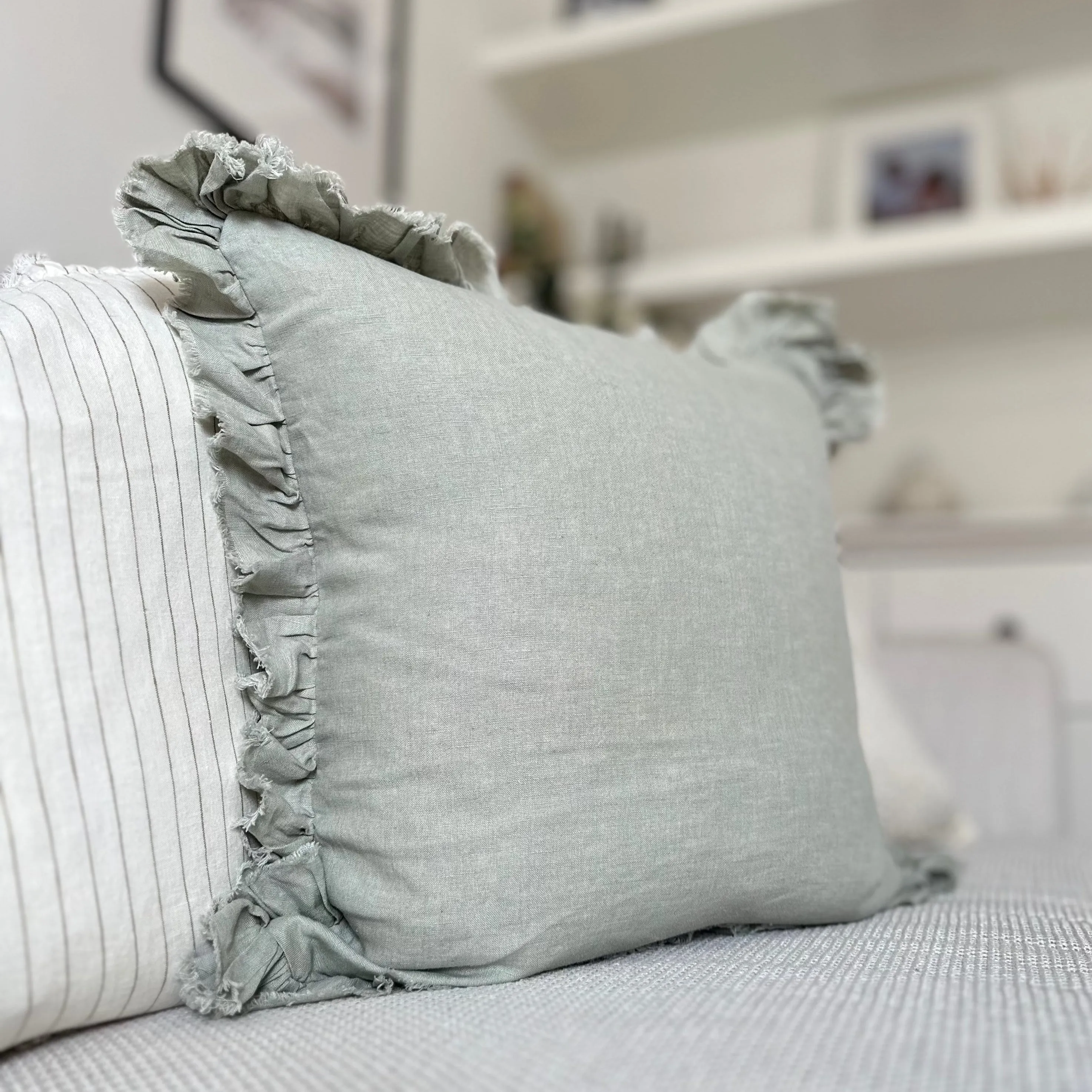 Ruffled Edge Sage Green Linen Cushion Cover 45 x45cm