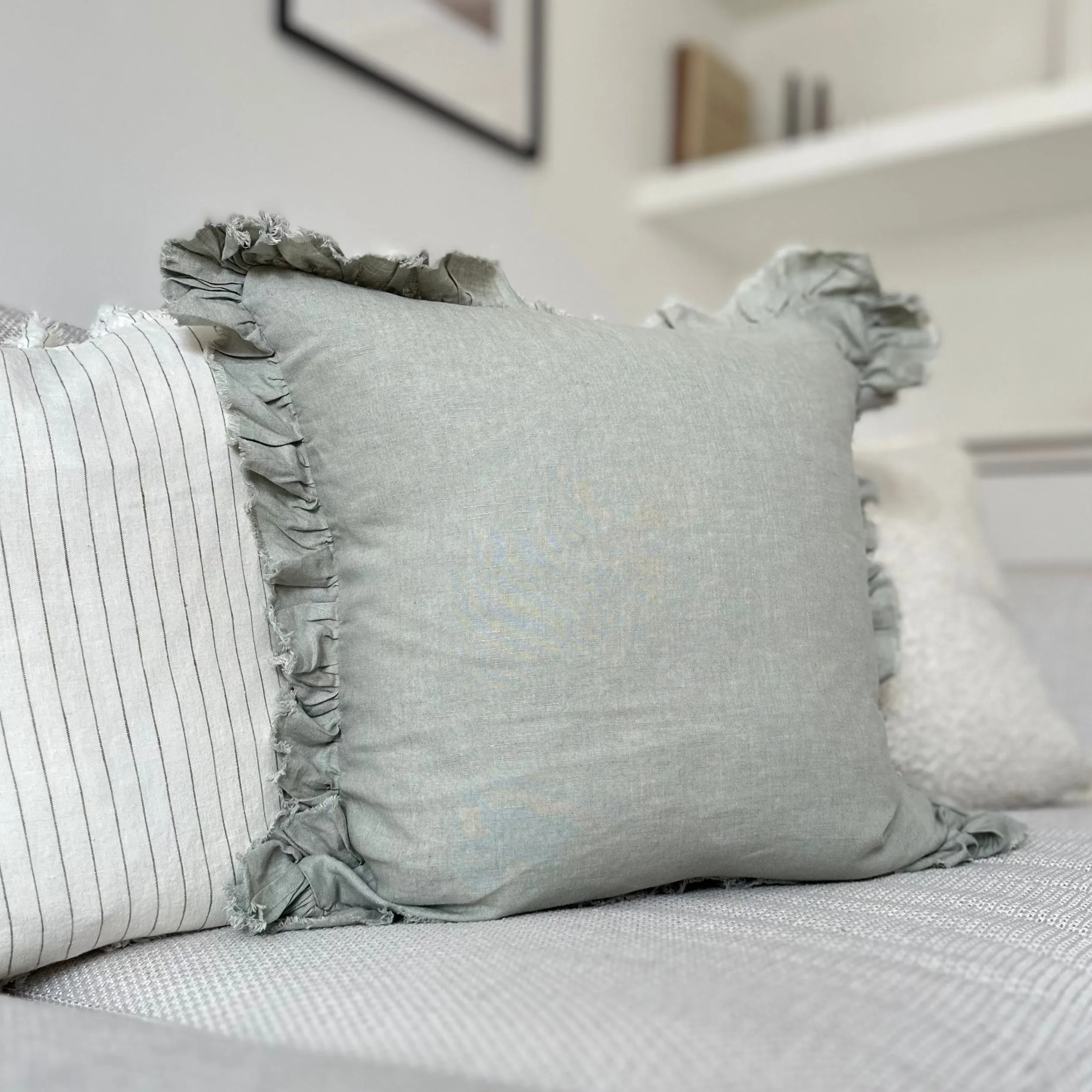 Ruffled Edge Sage Green Linen Cushion Cover 45 x45cm