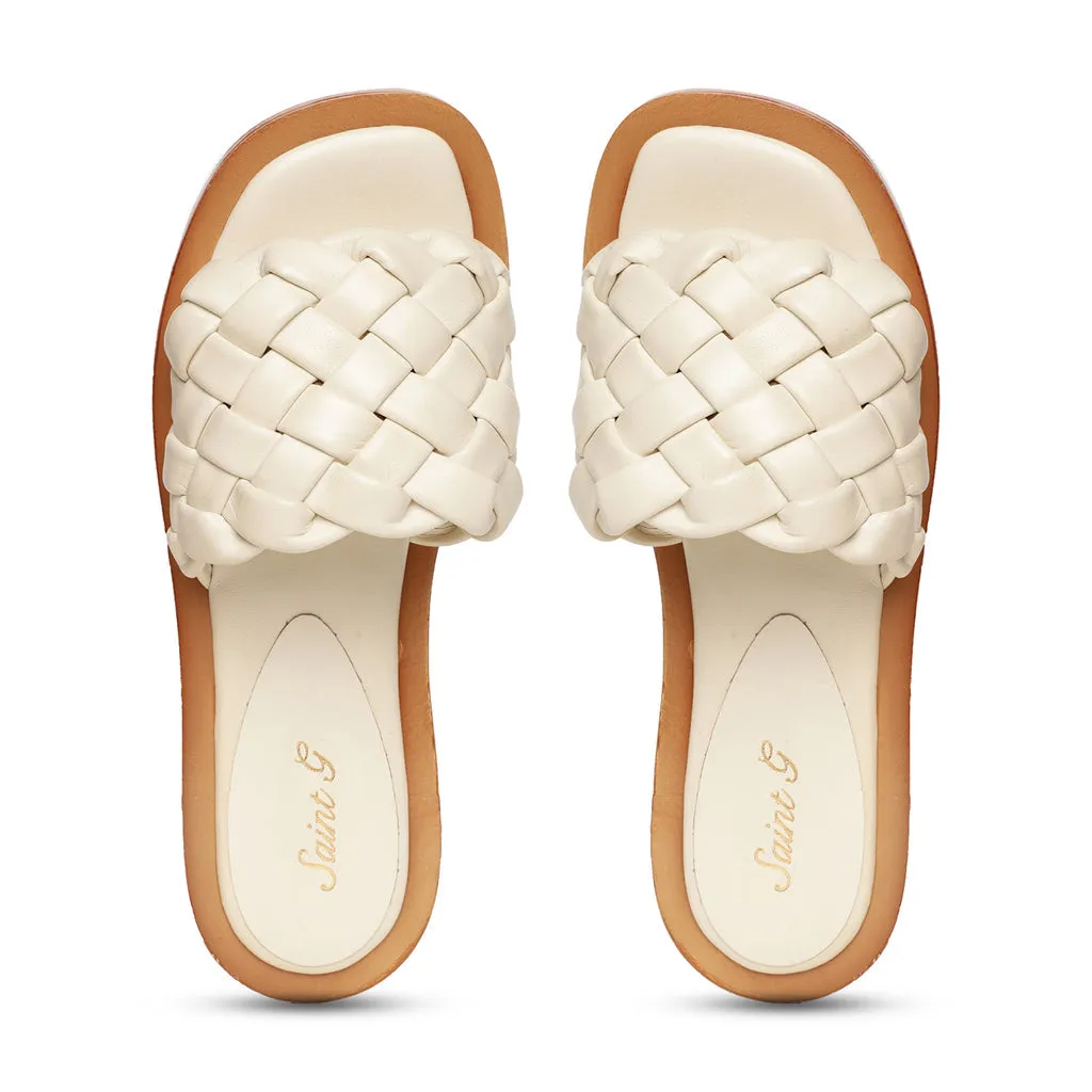 Saint Edetta White Woven Leather Sliders