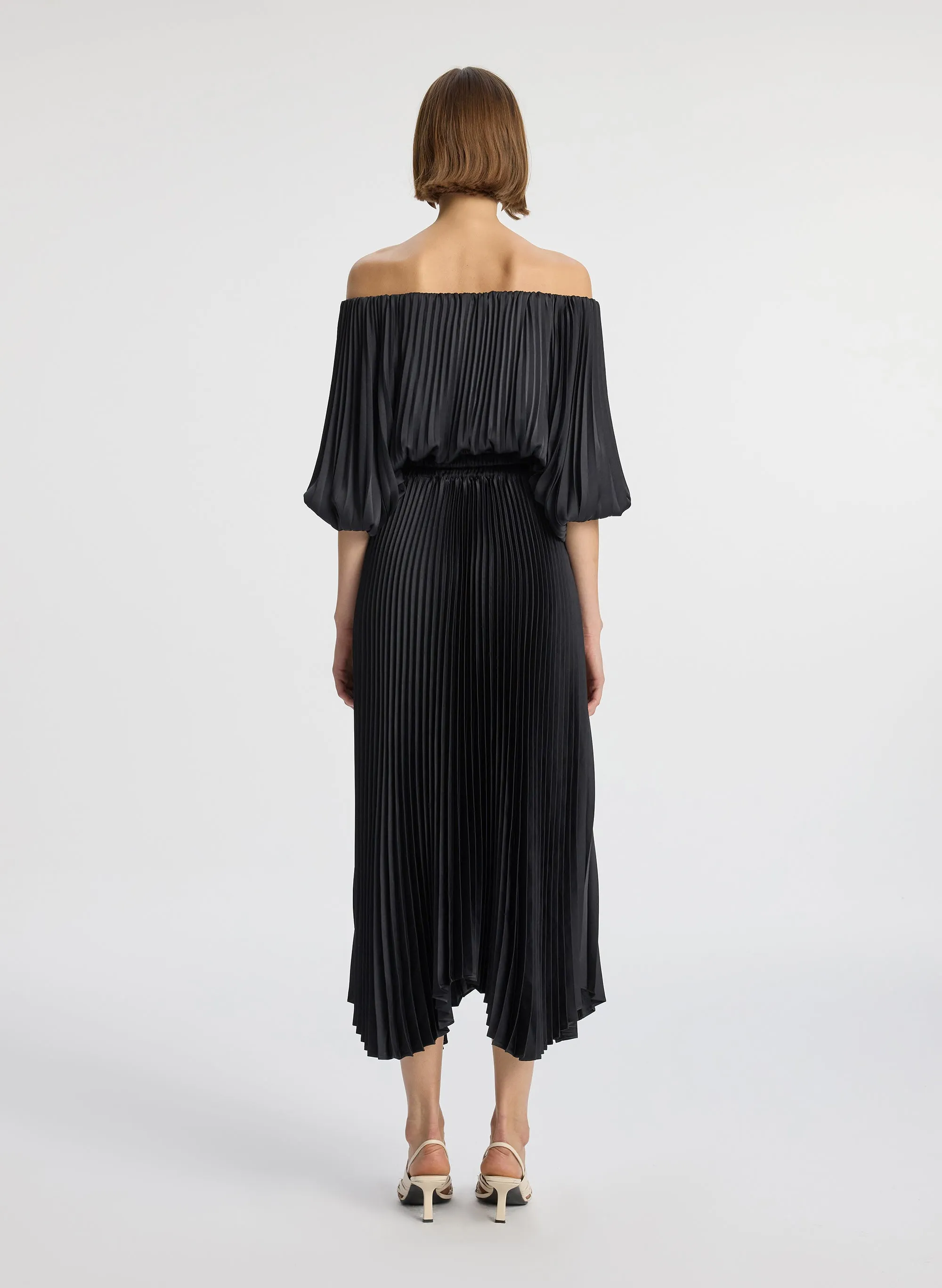 Sienna Satin Pleated Off Shoulder Dress