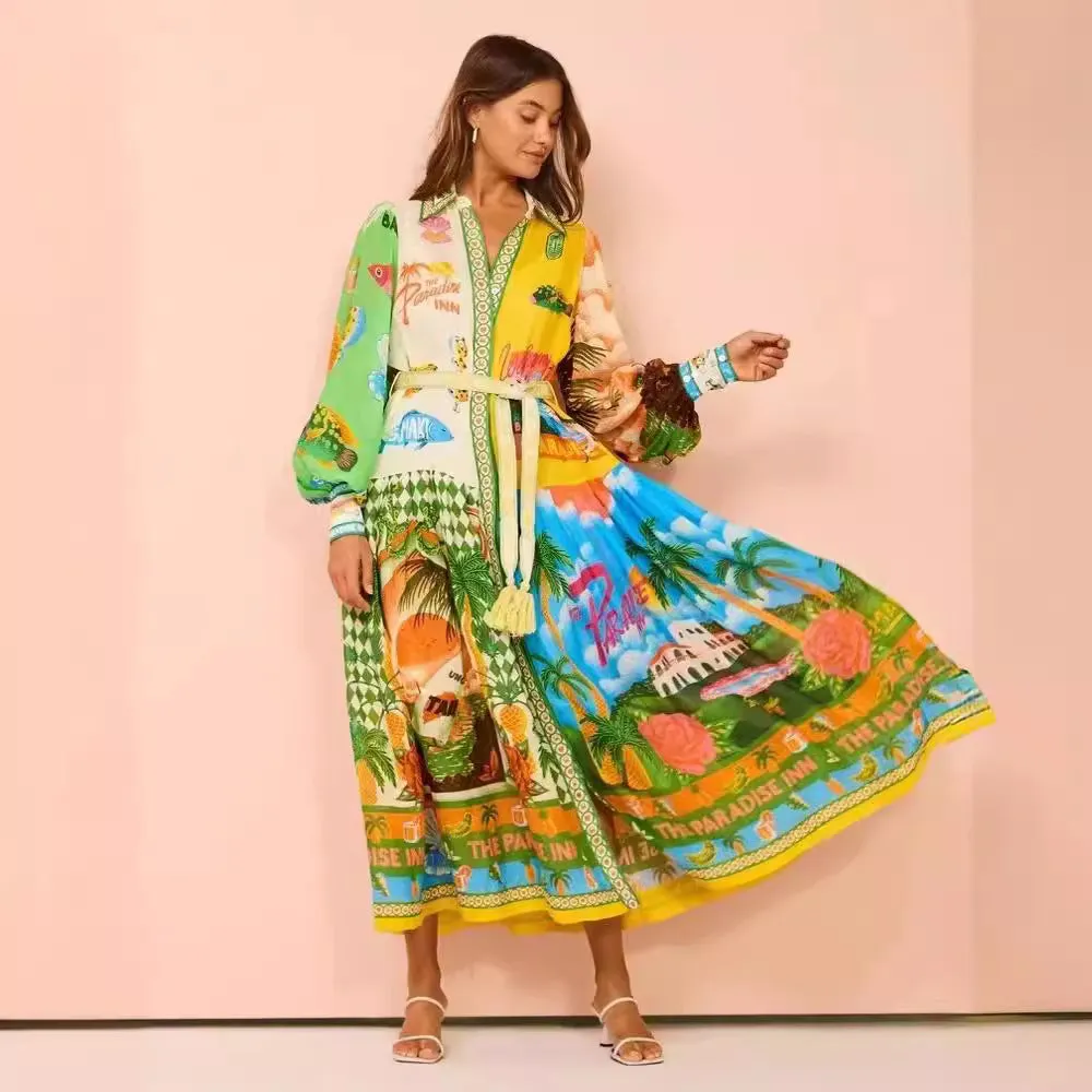 Single Breasted Long Lantern Sleeve Graffiti Print Tie Waist Dress Wholesale Womens Clothing N3824040700320