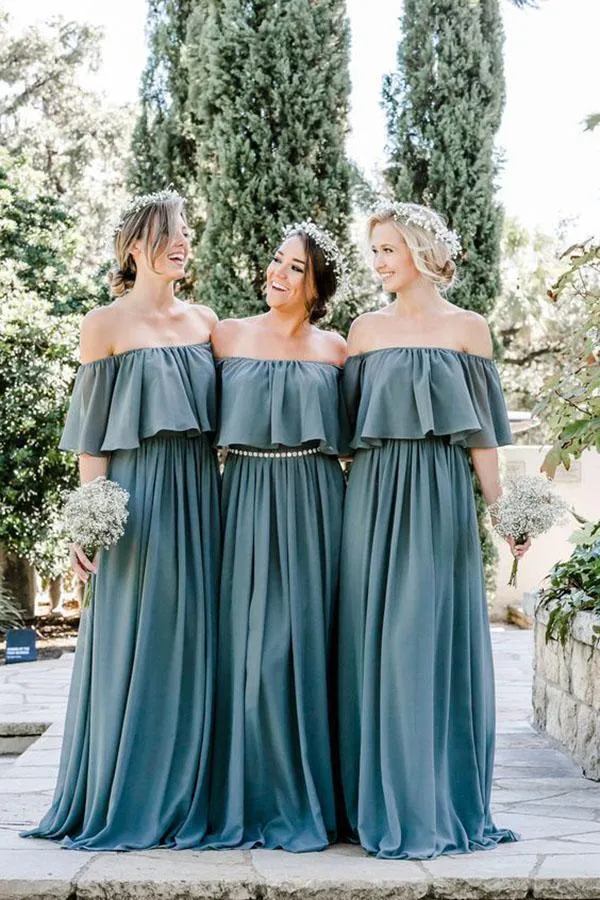 Slate Gray Mismatched Chiffon Off Shoulder Cheap Long Bridesmaid Dresses, BD093