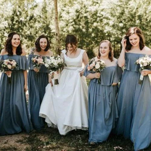 Slate Gray Mismatched Chiffon Off Shoulder Cheap Long Bridesmaid Dresses, BD093