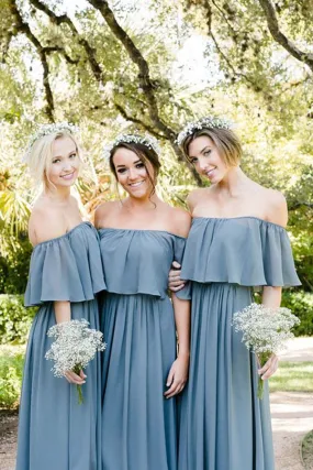 Slate Gray Mismatched Chiffon Off Shoulder Cheap Long Bridesmaid Dresses, BD093