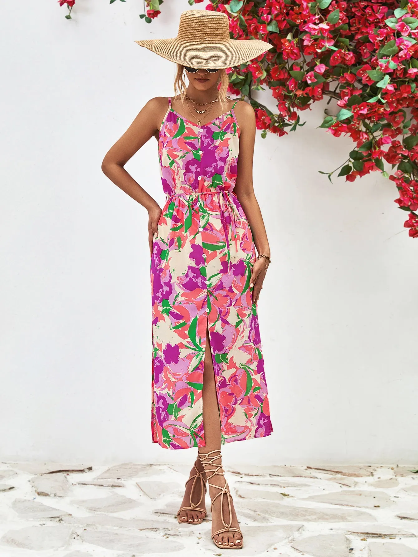 Sling Strapless Printed Slit Slim Bright Summer Dress Wholesale Dresses