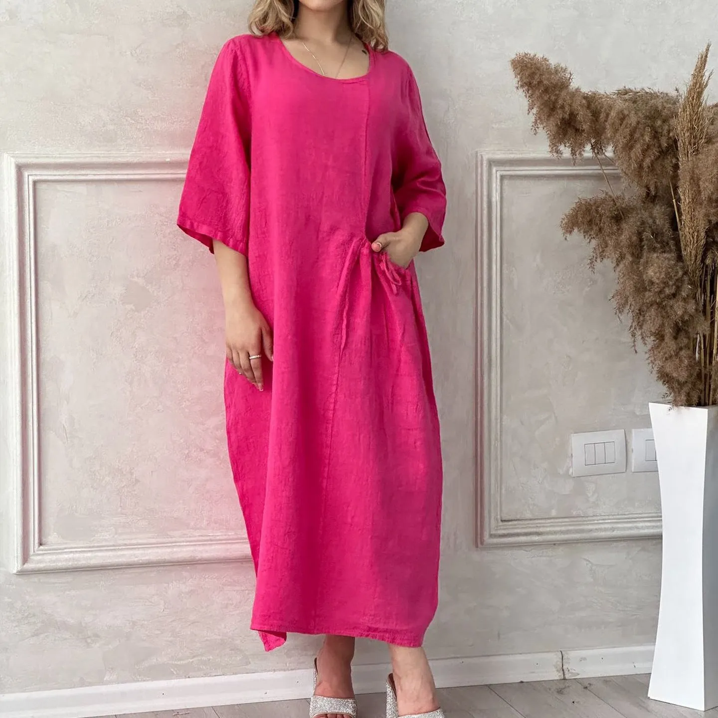 Solid Color Half Sleeve Round Neck Pocket Dress Cotton Linen Plus Size Maxi Dresses Wholesale Womens Clothing N3824081400055