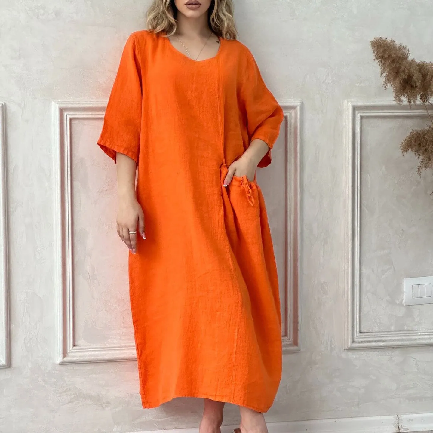 Solid Color Half Sleeve Round Neck Pocket Dress Cotton Linen Plus Size Maxi Dresses Wholesale Womens Clothing N3824081400055