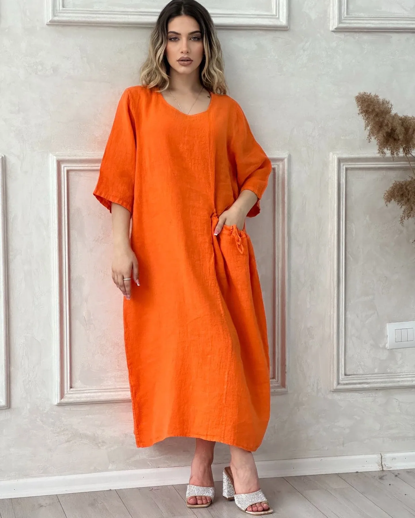 Solid Color Half Sleeve Round Neck Pocket Dress Cotton Linen Plus Size Maxi Dresses Wholesale Womens Clothing N3824081400055