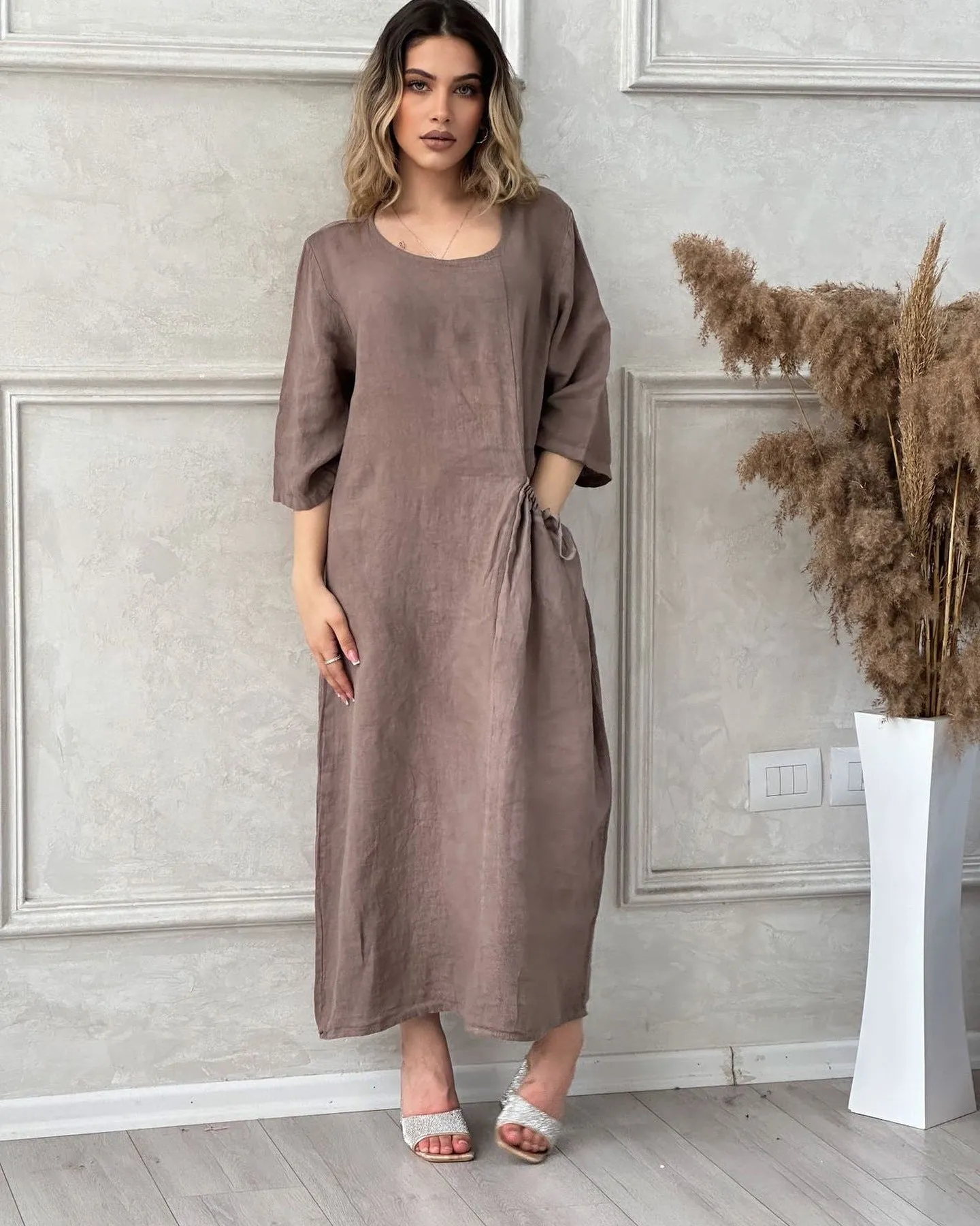 Solid Color Half Sleeve Round Neck Pocket Dress Cotton Linen Plus Size Maxi Dresses Wholesale Womens Clothing N3824081400055