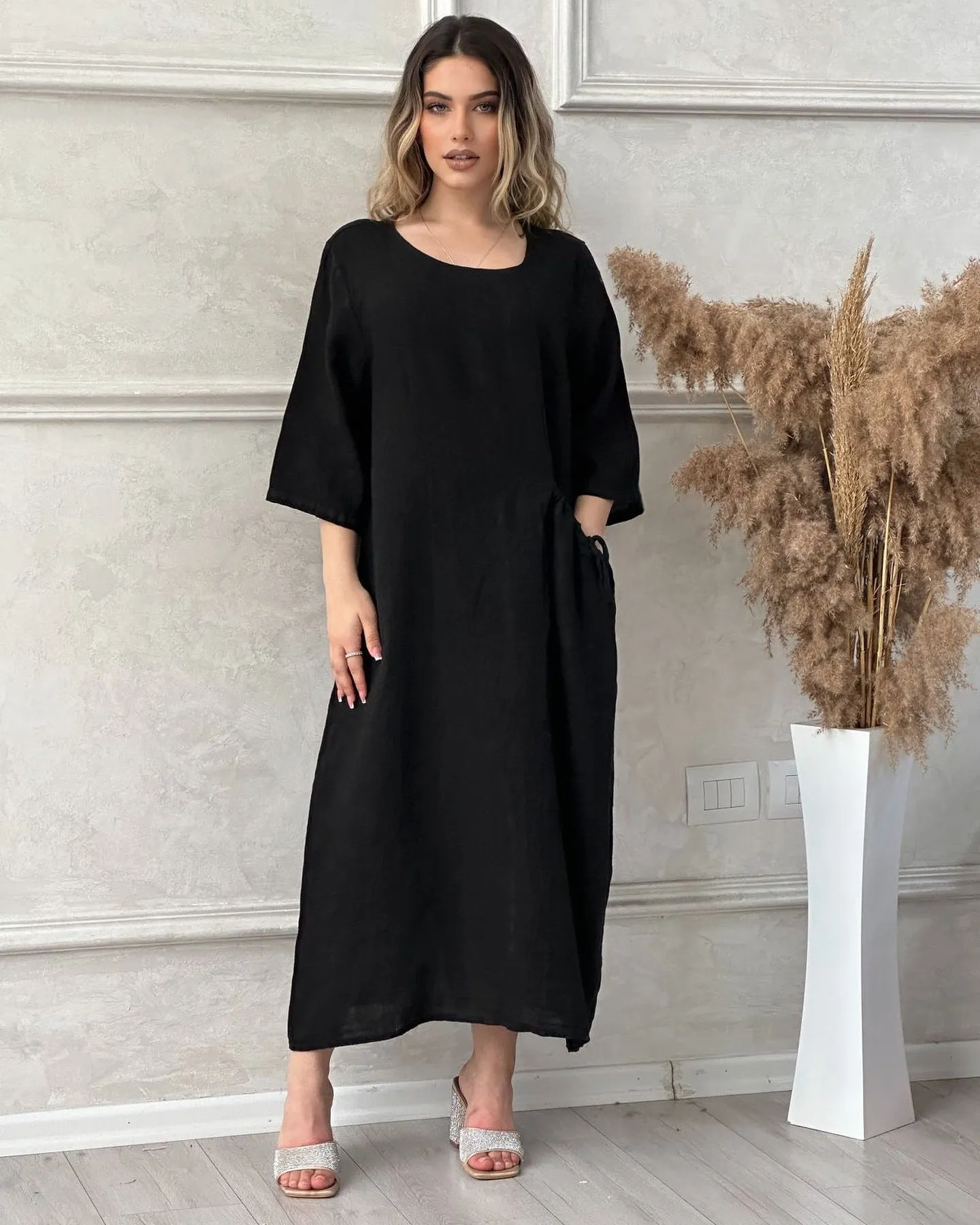 Solid Color Half Sleeve Round Neck Pocket Dress Cotton Linen Plus Size Maxi Dresses Wholesale Womens Clothing N3824081400055