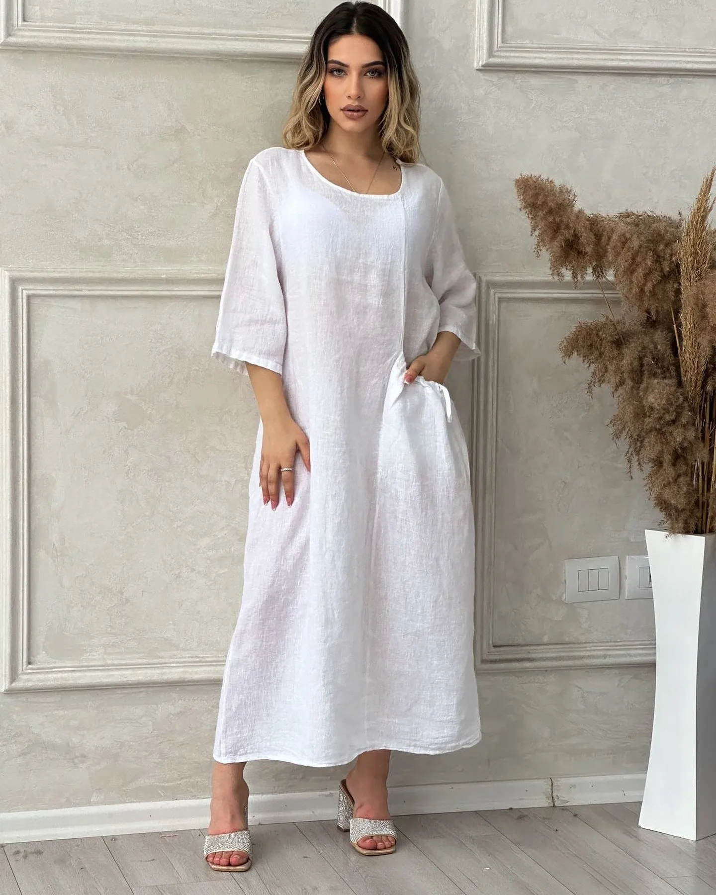 Solid Color Half Sleeve Round Neck Pocket Dress Cotton Linen Plus Size Maxi Dresses Wholesale Womens Clothing N3824081400055