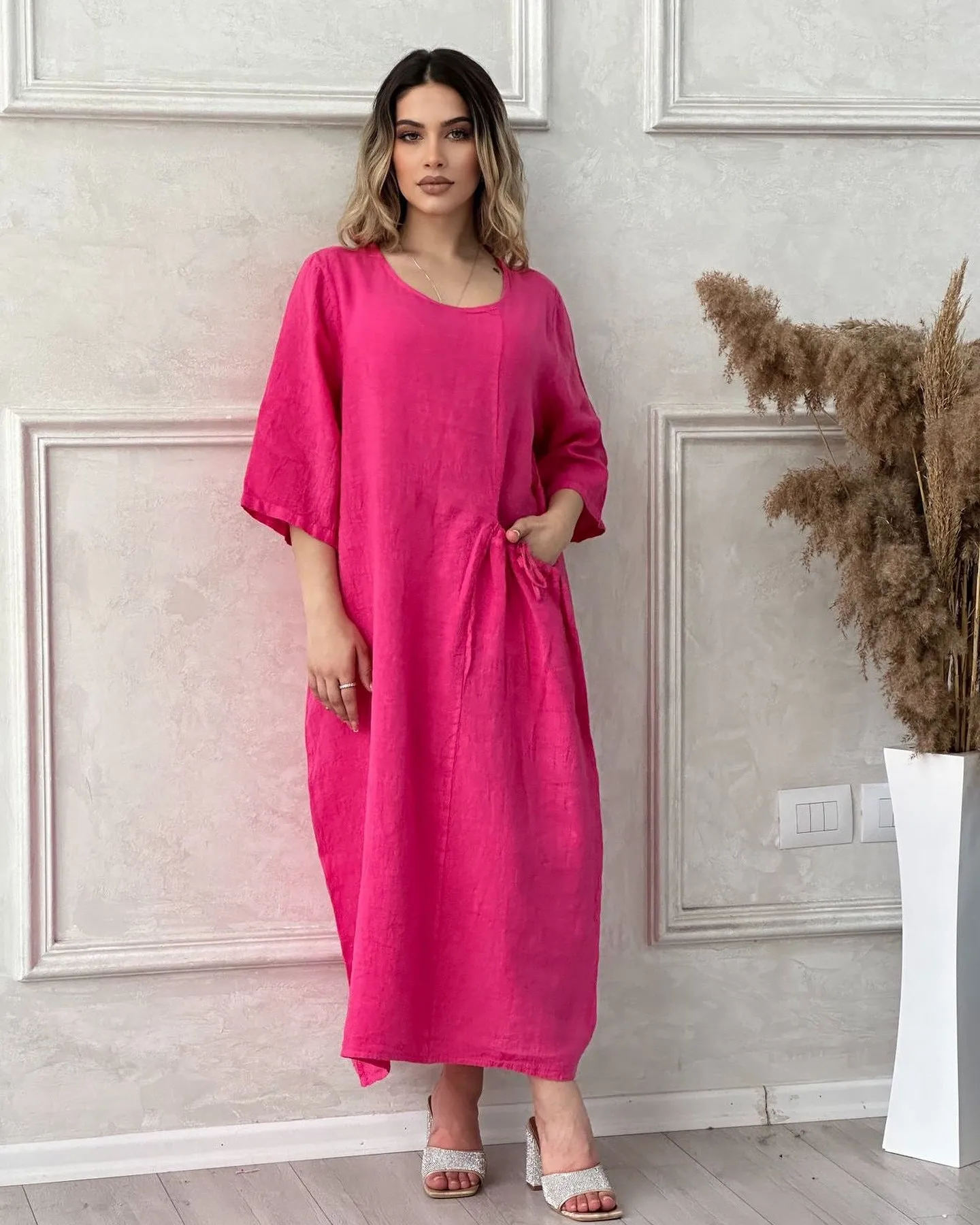 Solid Color Half Sleeve Round Neck Pocket Dress Cotton Linen Plus Size Maxi Dresses Wholesale Womens Clothing N3824081400055