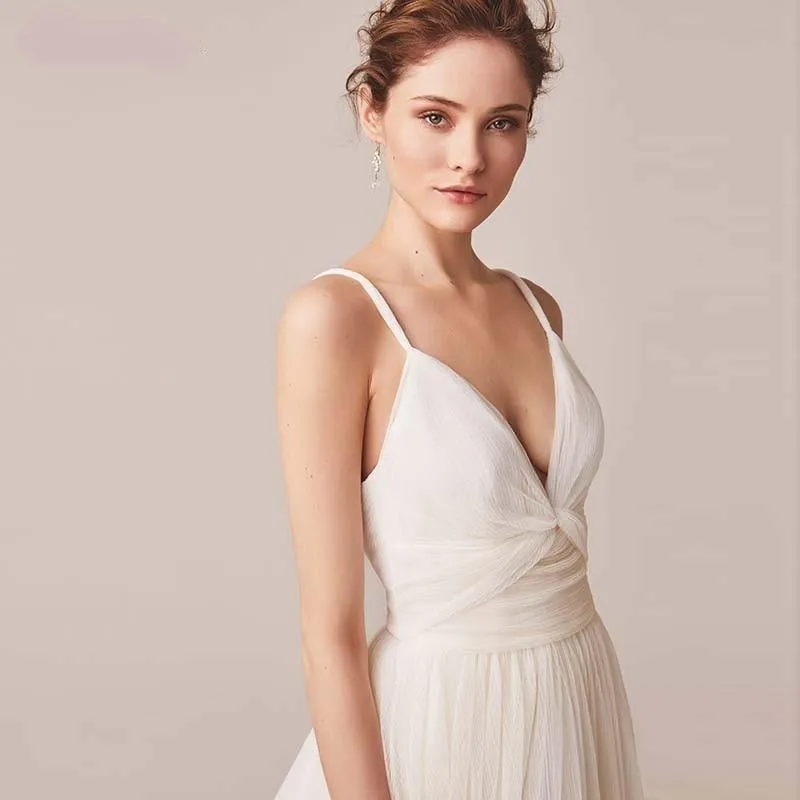 Spaghetti Straps Tulle V-neck Backless Bridal Dresses