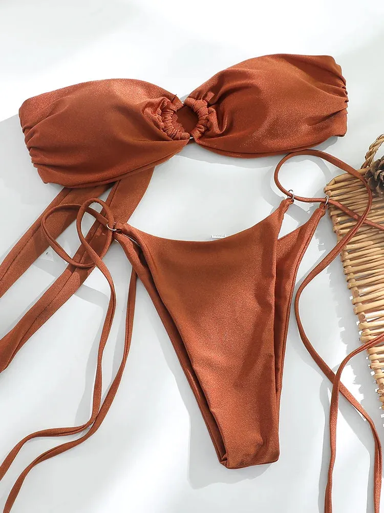 Tan Brown Bandeau Bikinis Set