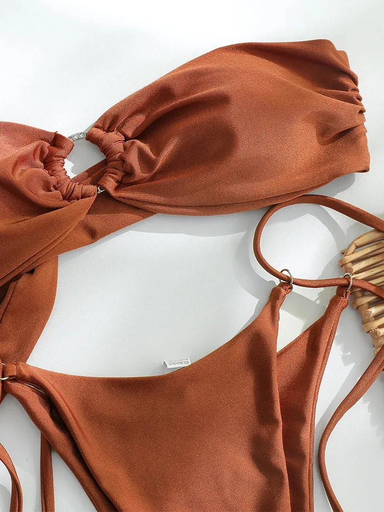 Tan Brown Bandeau Bikinis Set