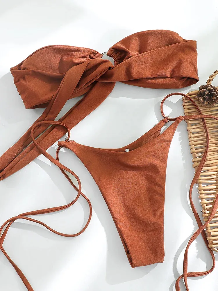 Tan Brown Bandeau Bikinis Set