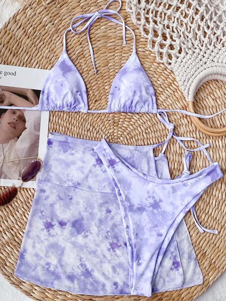 Tie Dye Marble Thong Bikinis & Sarong Set