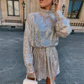 Tie Waist Long Sleeve Sequined Open Back Dress Wholesale Womens Dress N3824112000004