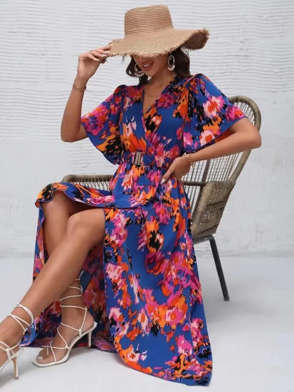 Vibrant Floral Surpliced V Neck Maxi Vacation Dress