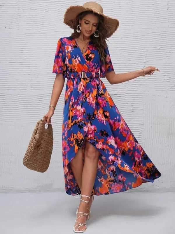 Vibrant Floral Surpliced V Neck Maxi Vacation Dress